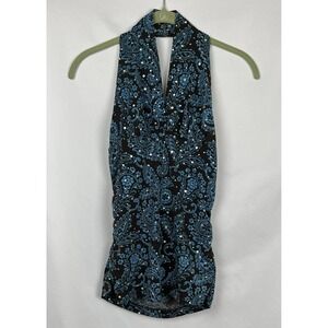 Vintage Halter Top Y2K Brown Blue Paisley Sequin Sparkle Med. McBling Rave Top
